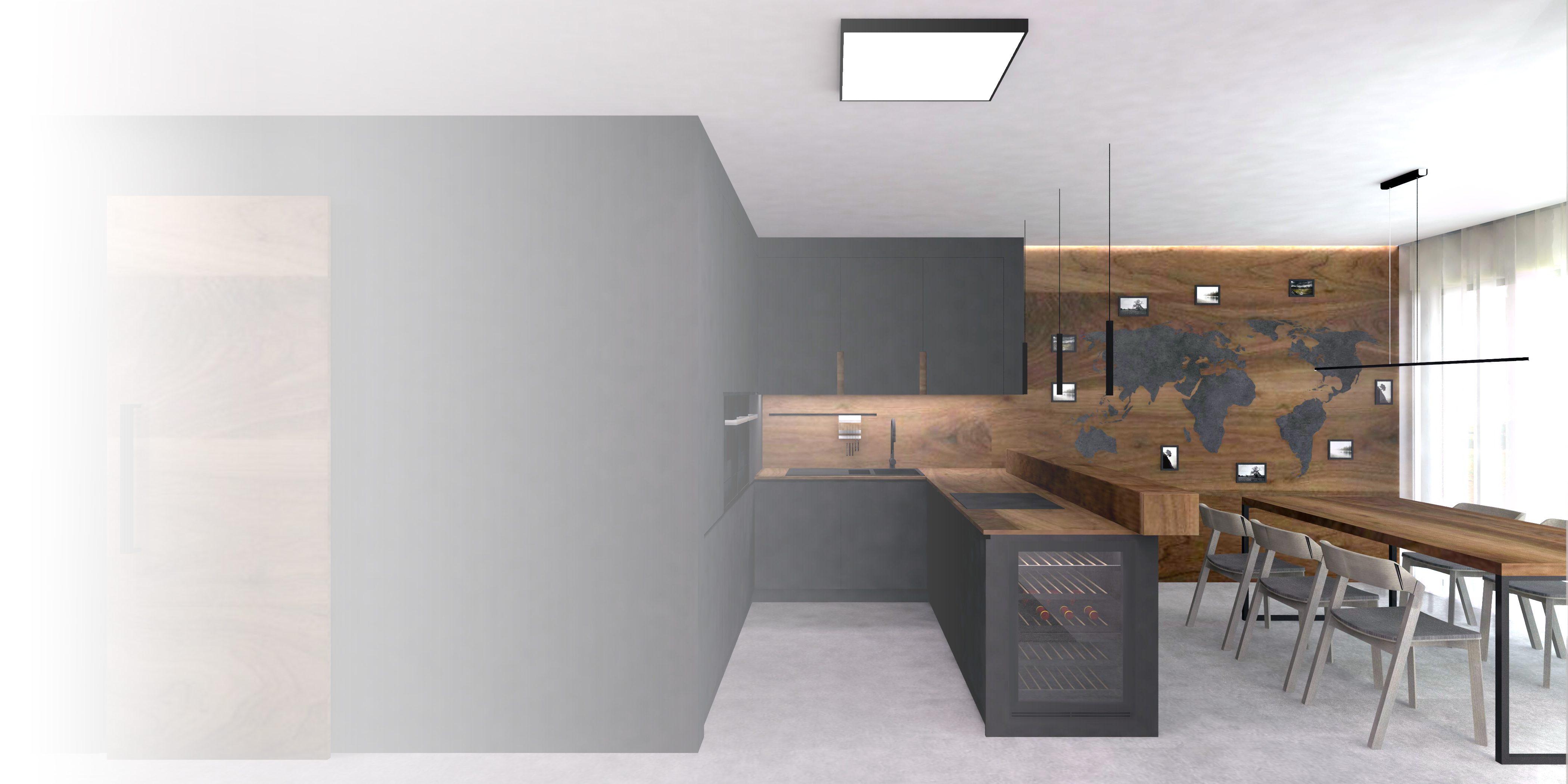 Antracitově šedá v kombinaci s ořechovým dřevem a podlahou z leštěného betonu v interiérovém designu kuchyňské a jídelní části hlavního obytného prostoru rodinného domu. 