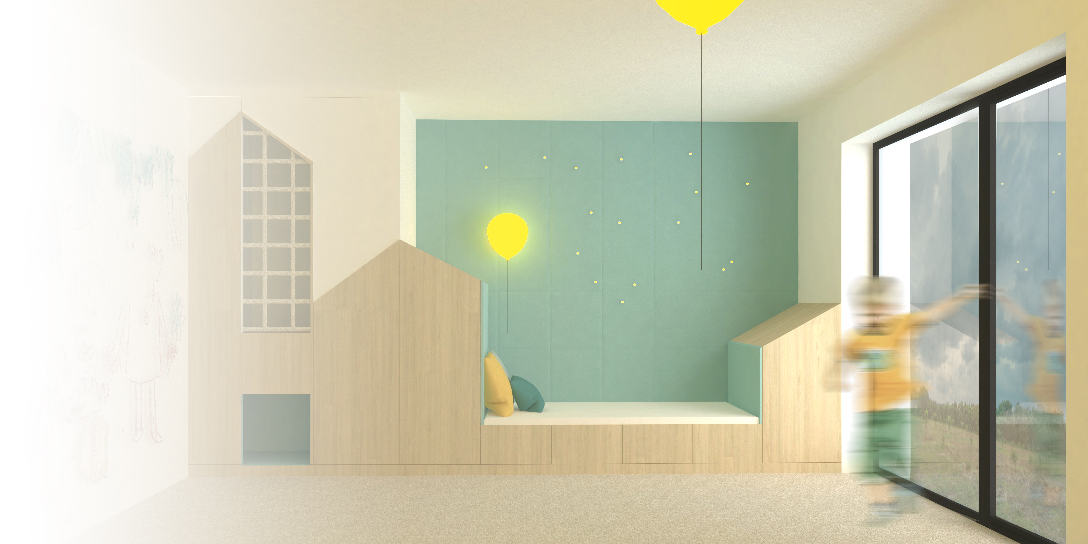 Nábytková sestava na míru do dětského pokoje s integrovanou postelí a úložným prostorem v kombinaci bílé, mintové a světlého dřeva.