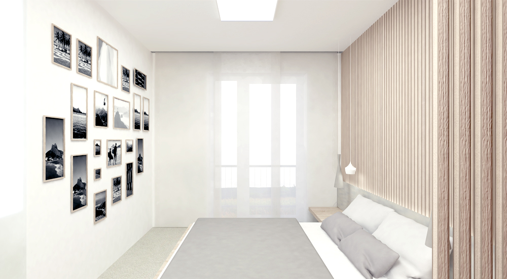 Interiér ložnice v tlumených příjemných barvách. Světlé dřevo, odstíny šedé a béžové a praktická řešení hrají prim v návrhu architektky Kristýny Potůčkové.