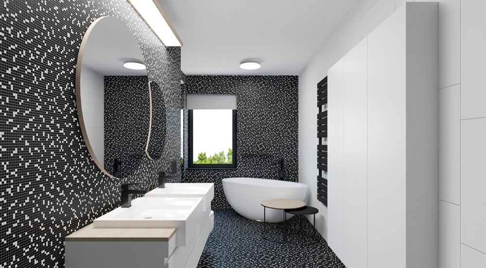 Návrh moderní, kontrastní černobílé koupelny s volně stojící vanou, černými bateriemi a jemnou černobílou mozaikou.